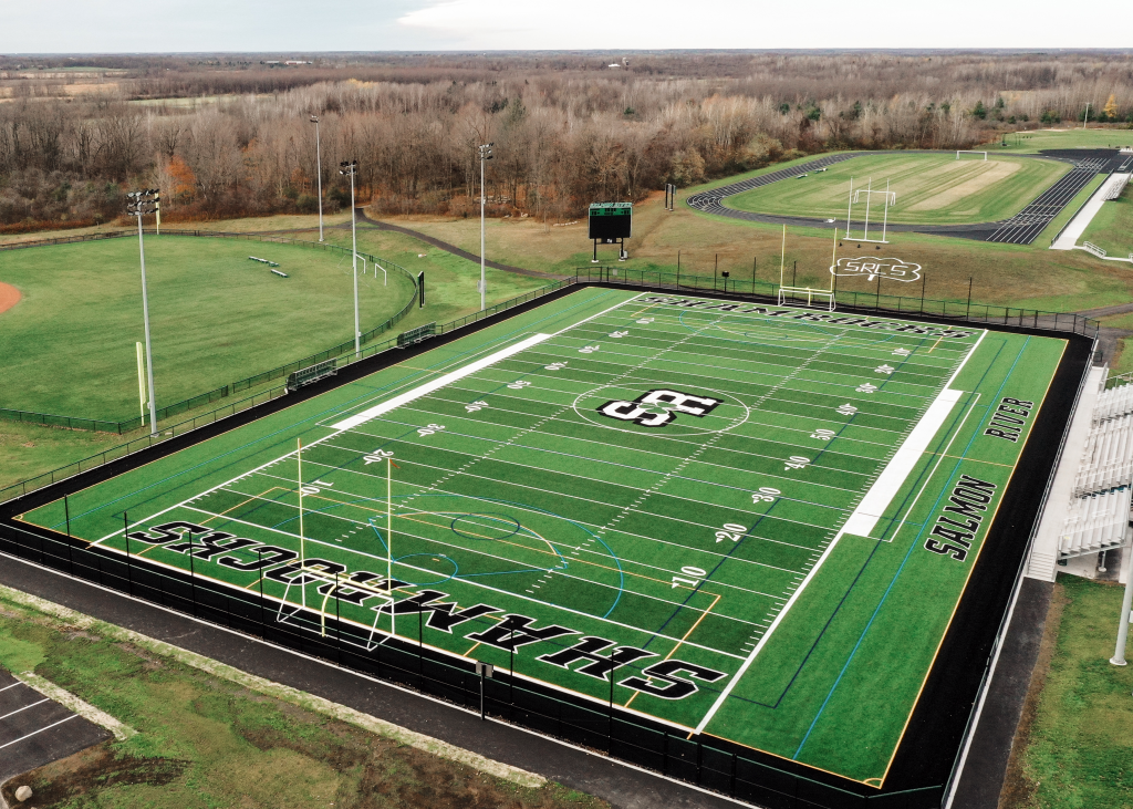 An aerial view of a football field