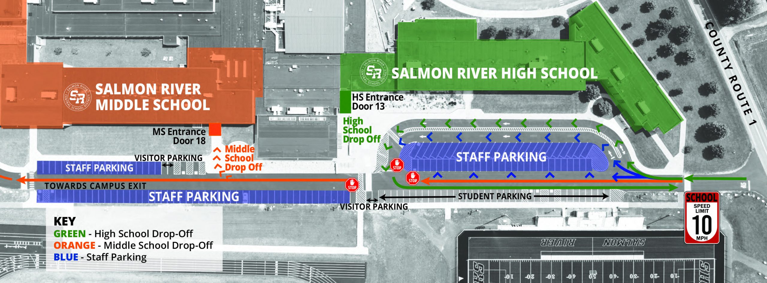 Map showing traffic and parking patterns outside both Salmon River Middle School and Salmon River High School